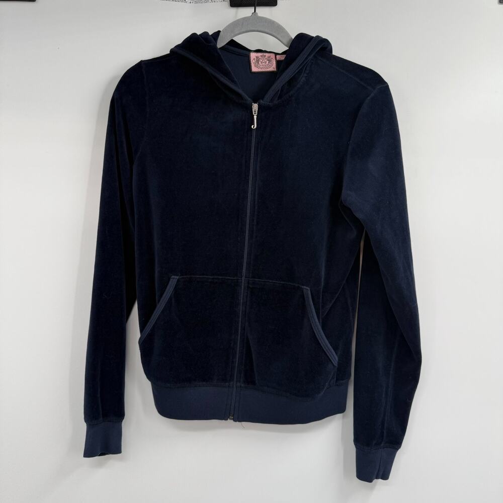 Y2k Juicy Couture Velour Hoodie Jacket Womens XL Navy Blue Zip up USA Vintage